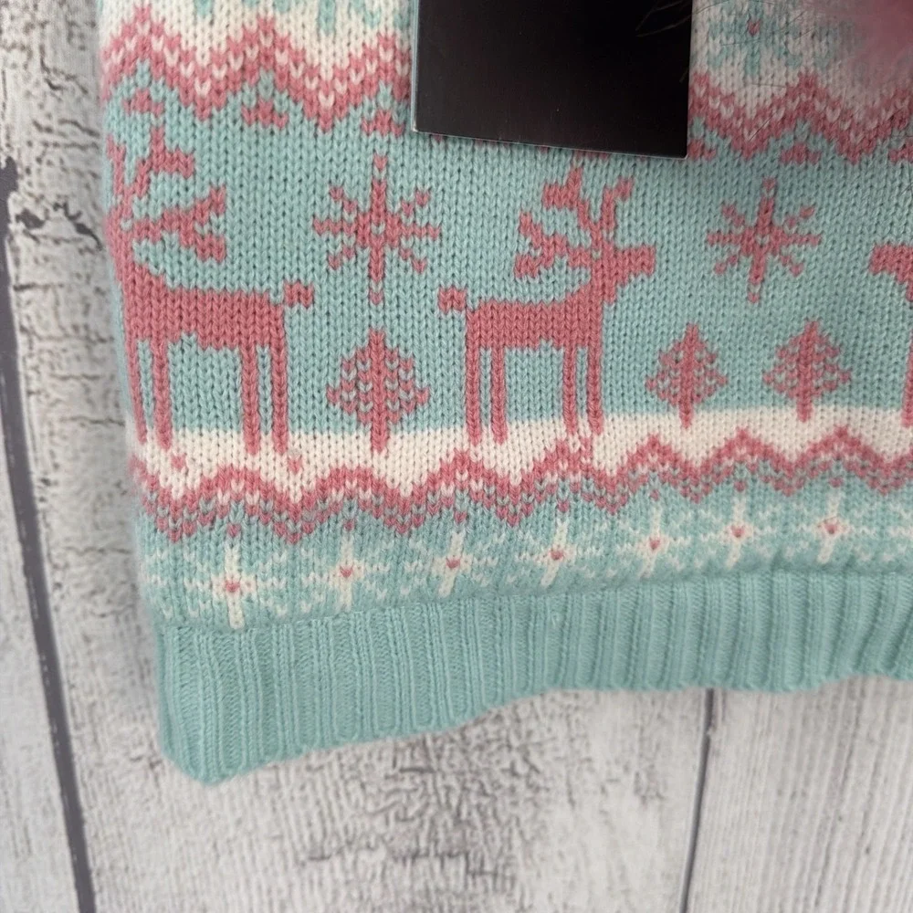 Fair Isle Dog Sweater LARGE Pink Aqua Nordic Hooded Reindeer Candy Canes Winter